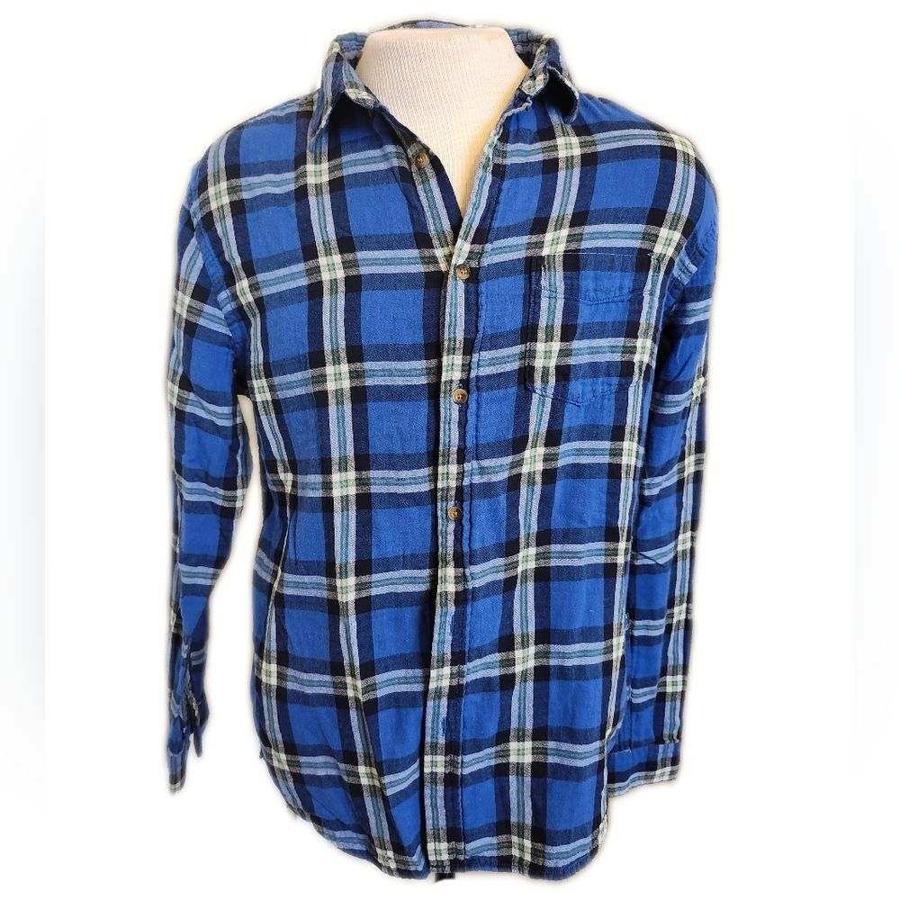 Aeropostale men's bue black plaid 100% cotton flannel shirt, medium